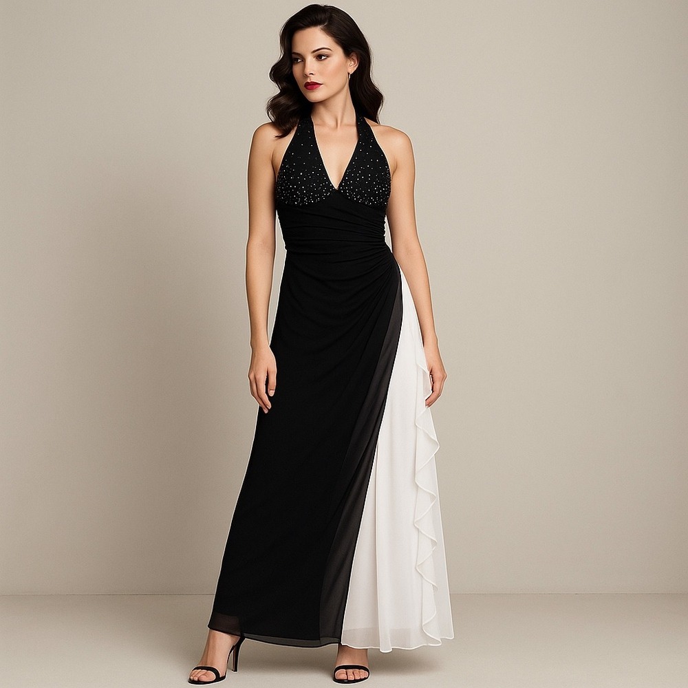Blondie Nites Black White Gown Womens 13 Halter‎ Maxi Dress Rhinestone Y2K - Picture 2 of 12